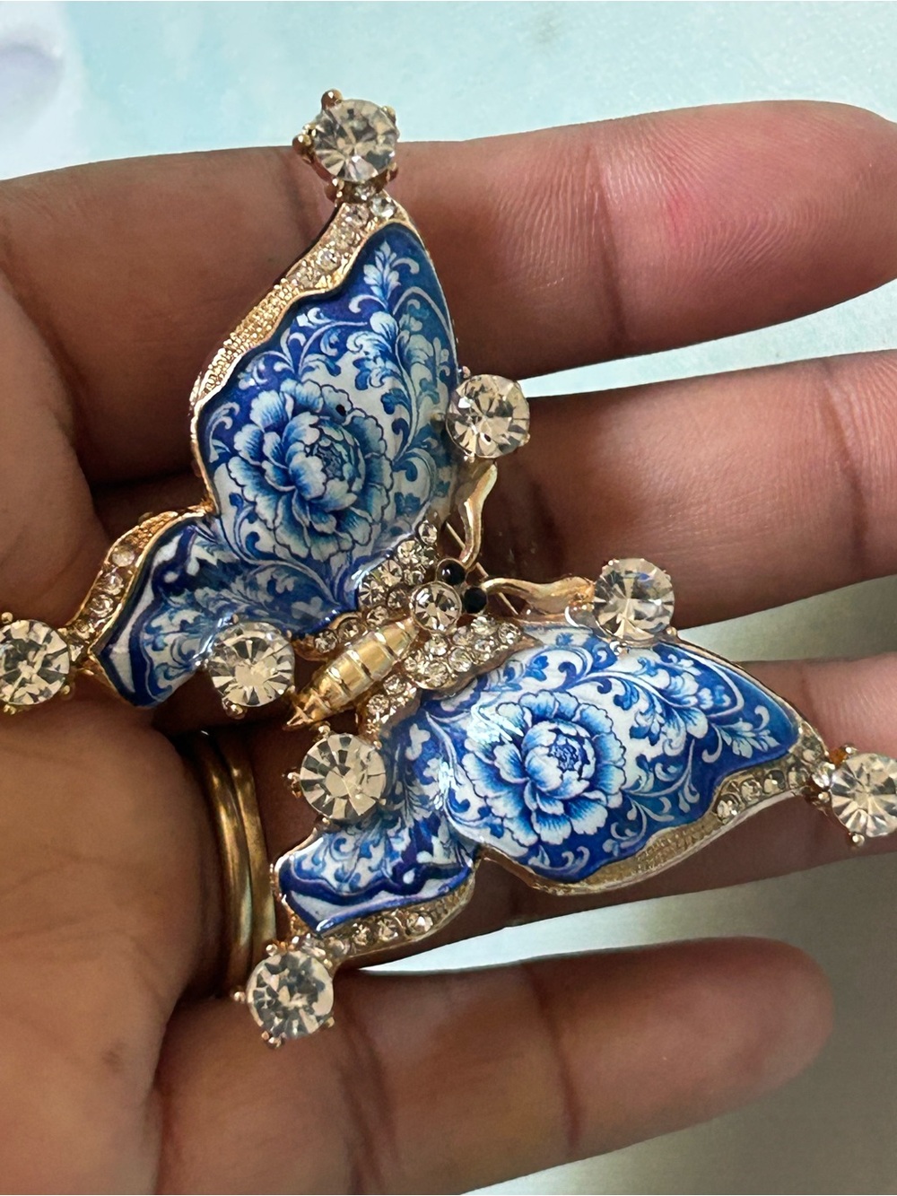 Blue Floral Butterfly Brooch with Crystal Accents